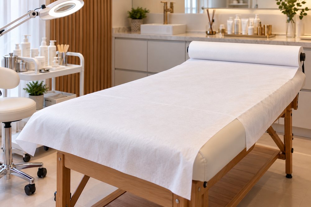 Maca de estética coberta com papel lençol e rolo montado na cabeceira, em sala clara com cosméticos