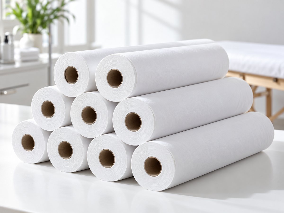 Pilha de rolos de papel lençol branco sobre uma mesa clara, com uma maca ao fundo